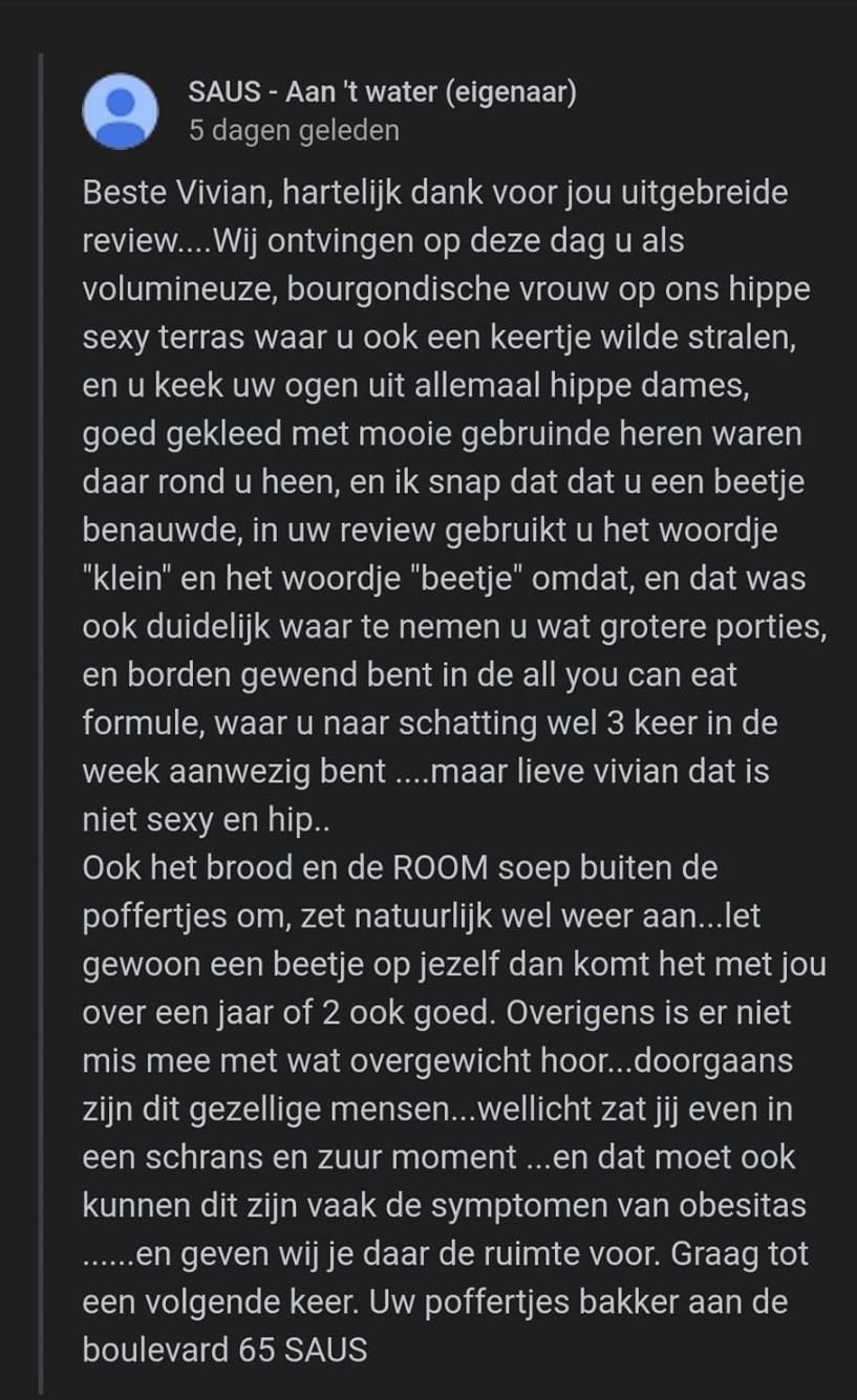 Eigenaar restaurant in Bergen op Zoom reageert helemaal niet 'lief' op recensie van vrouw