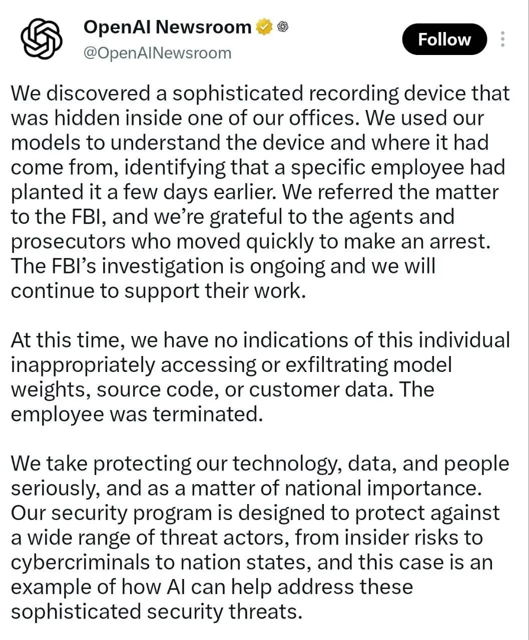 FBI arresteert OpenAI-medewerker na bizarre ontdekking achter televisie in directiekamer
