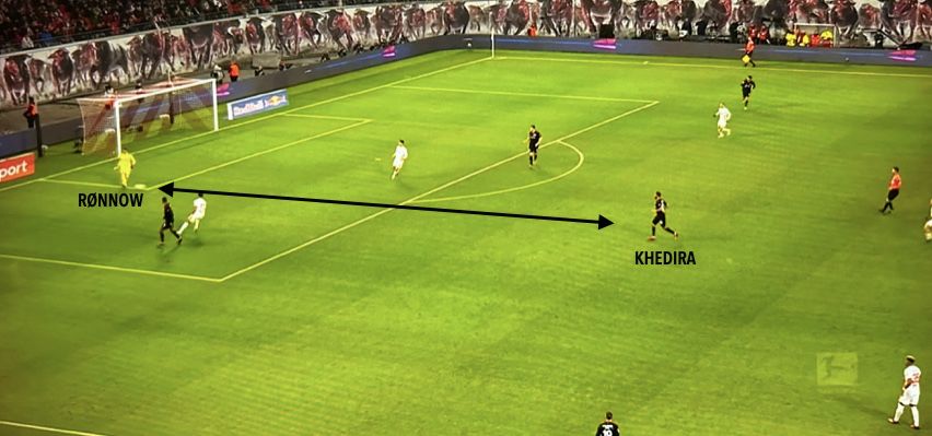 De drie centrumverdedigers spelen laag op lijn en de uitzakkende middenvelder Khedira komt vrij. Zodra hij onder druk wordt gezet kaatst hij de bal terug op doelman Rønnow, die vervolgens direct de lange bal hanteert.