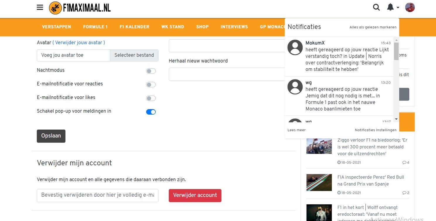Reactiesysteem op F1 Maximaal kent nu ook live notificaties