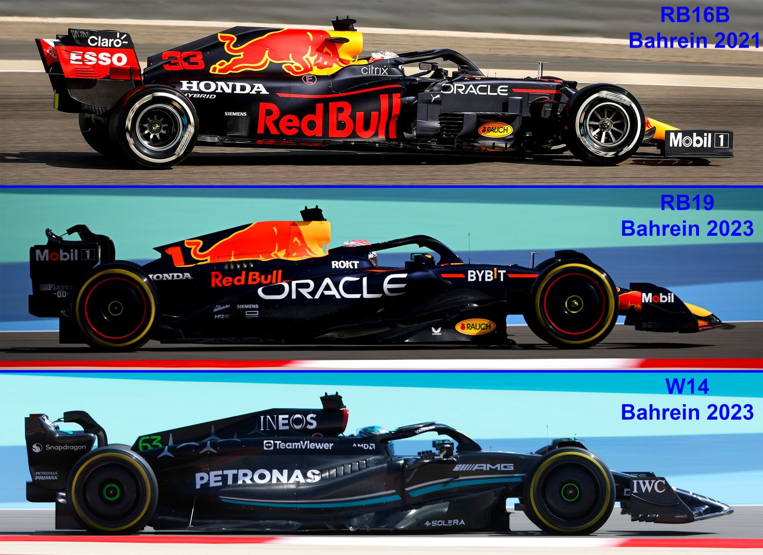 Foto 3. Rake van de Red Bull RB16B, RB19 en Mercedes W14, GP van Bahrein, 2021 (top, en 2023 (Red Bull Content Pool Getty Images, top 2, en Mercedes AMG F1)