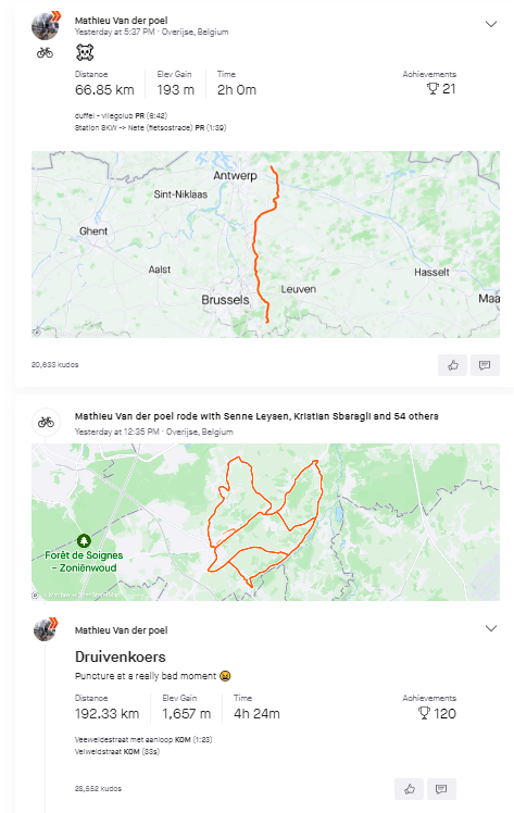 Van der Poel toont in één emoji hoe hij zich voelt nadat hij na Druivenkoers doodleuk 67 km naar huis fietst