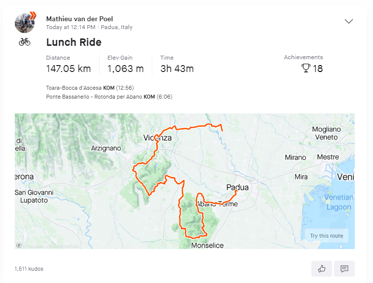 Mathieu van der Poel na opgave in Giro del Veneto op gemakje naar hotel gefietst; alsnog 147 km op de teller