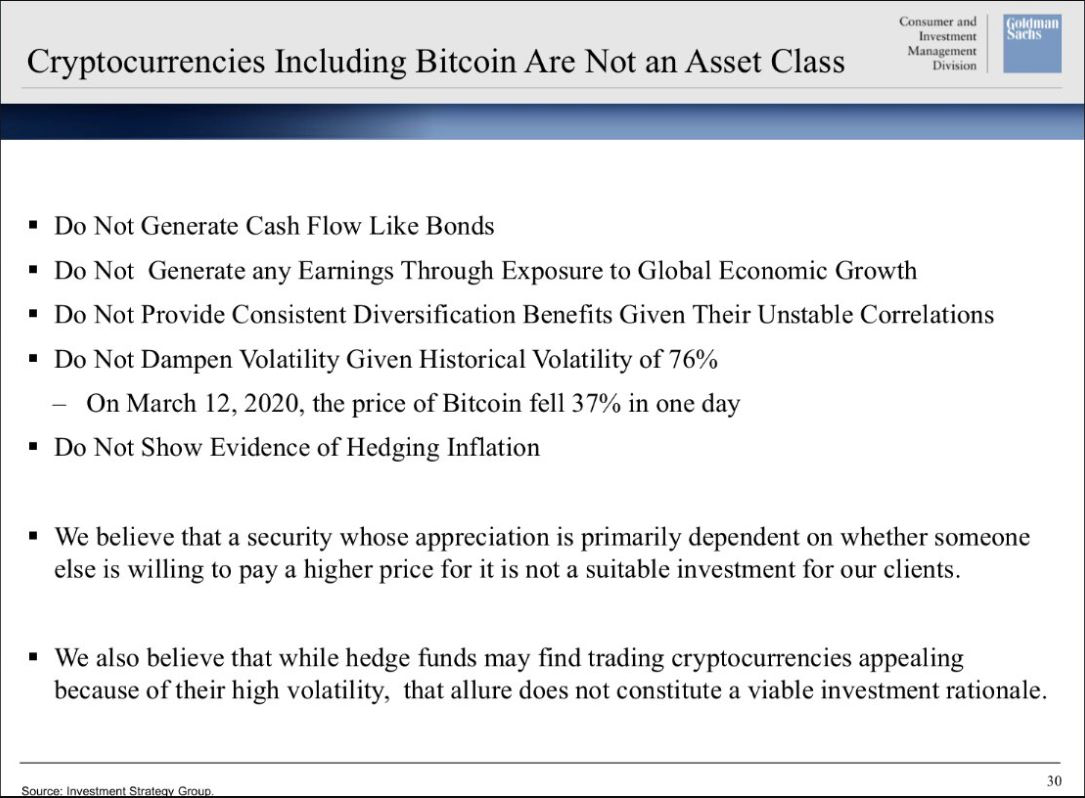 Investeringsbank Goldman Sachs: 'Bitcoin is geen beleggingscategorie'