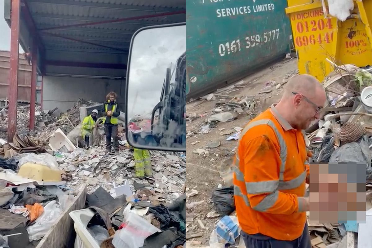 Mannen van een recyclebedrijf vinden speeltje en één man gaat gelijk recyclen