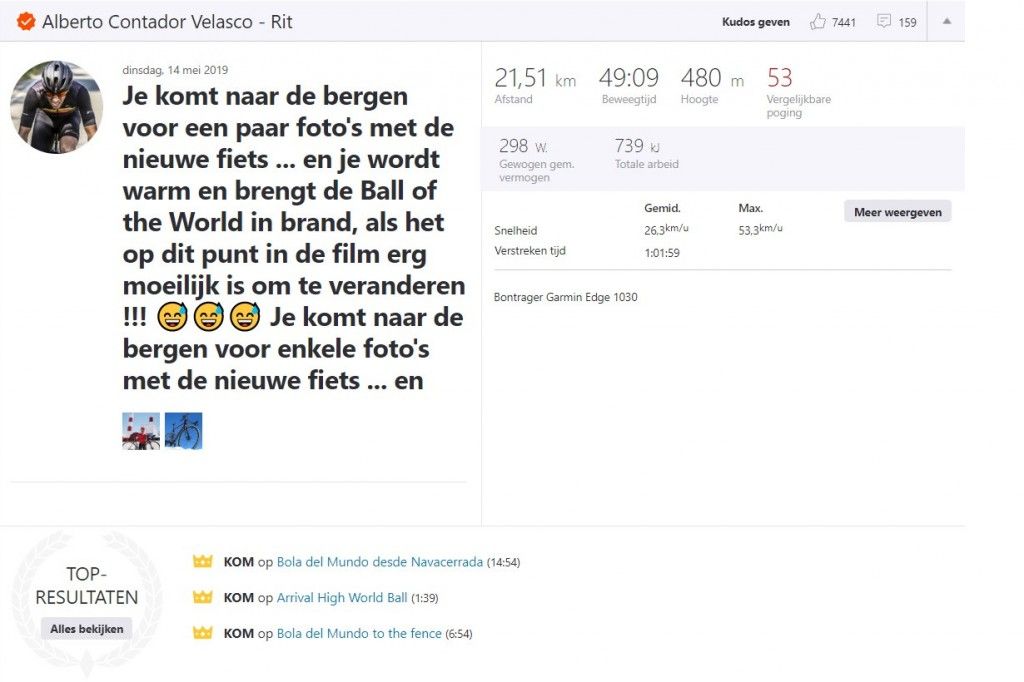 Gespot op Strava: Contador is misschien gestopt, maar schittert nog als een grote