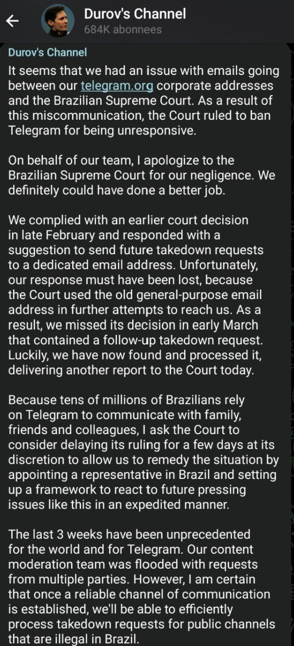 Telegram has been taken offline in Brazil due to an email error