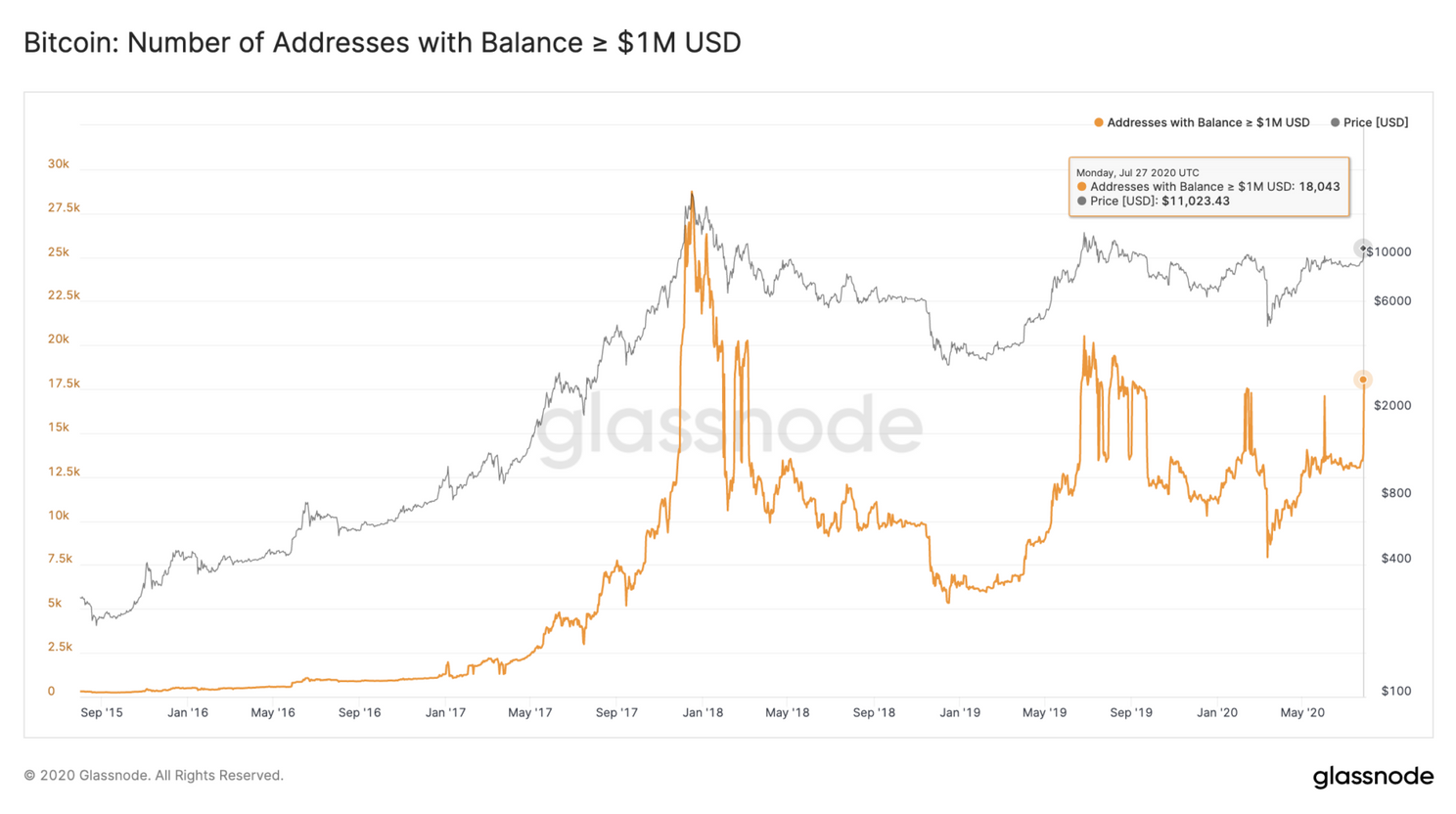 'Er zijn 18.000 adressen met meer dan $1 miljoen aan Bitcoin (BTC)'