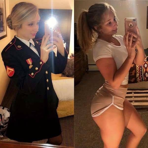 Dames in en uit hun dagelijkse uniform