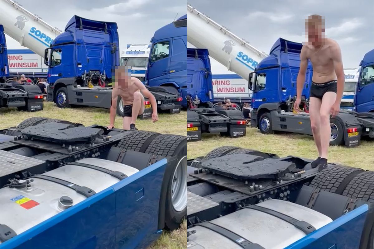 Ondertussen op Truckshow Ulrum: Weddenschap blote bips op koppelschotel zitten
