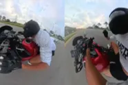 Motorrijder (zonder beschermende kledij) wint straatrace, maar is uiteindelijk toch nog een dikke loser