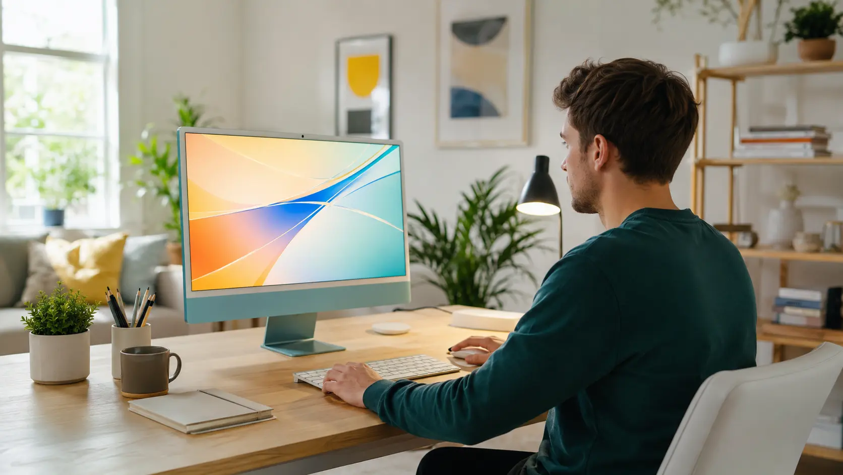 Man zit thuis in kantoor voor zijn computer om te programmeren