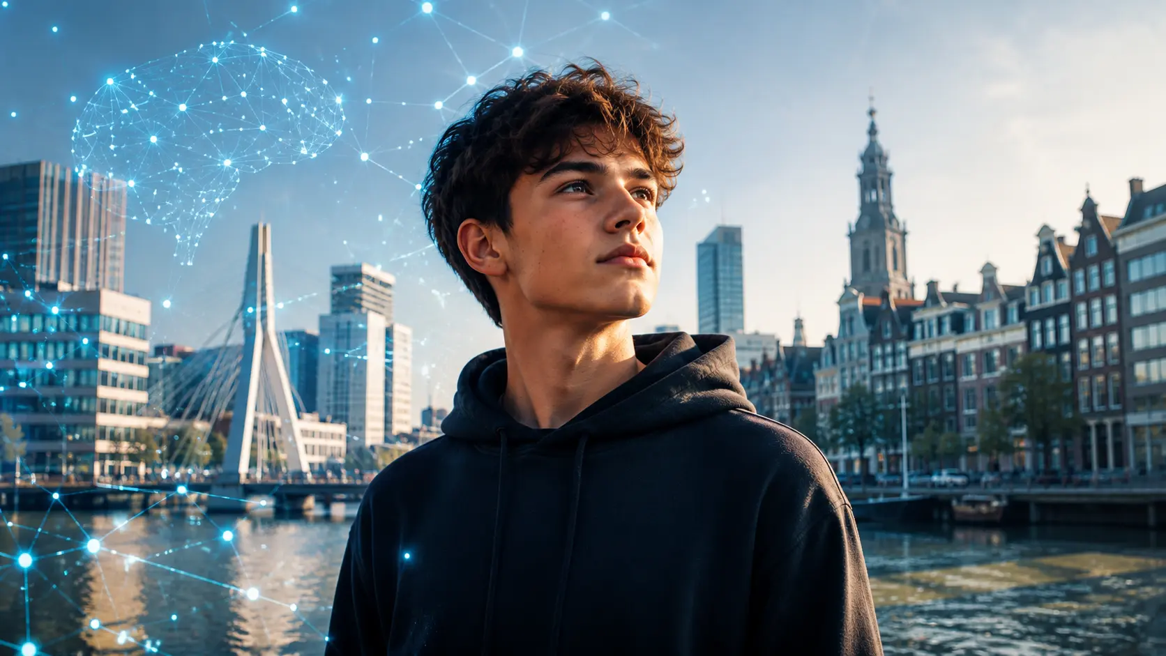 Jongere in een Nederlandse stedelijke omgeving met subtiele blauwe AI-netwerken en digitale verbindingen rondom hem.