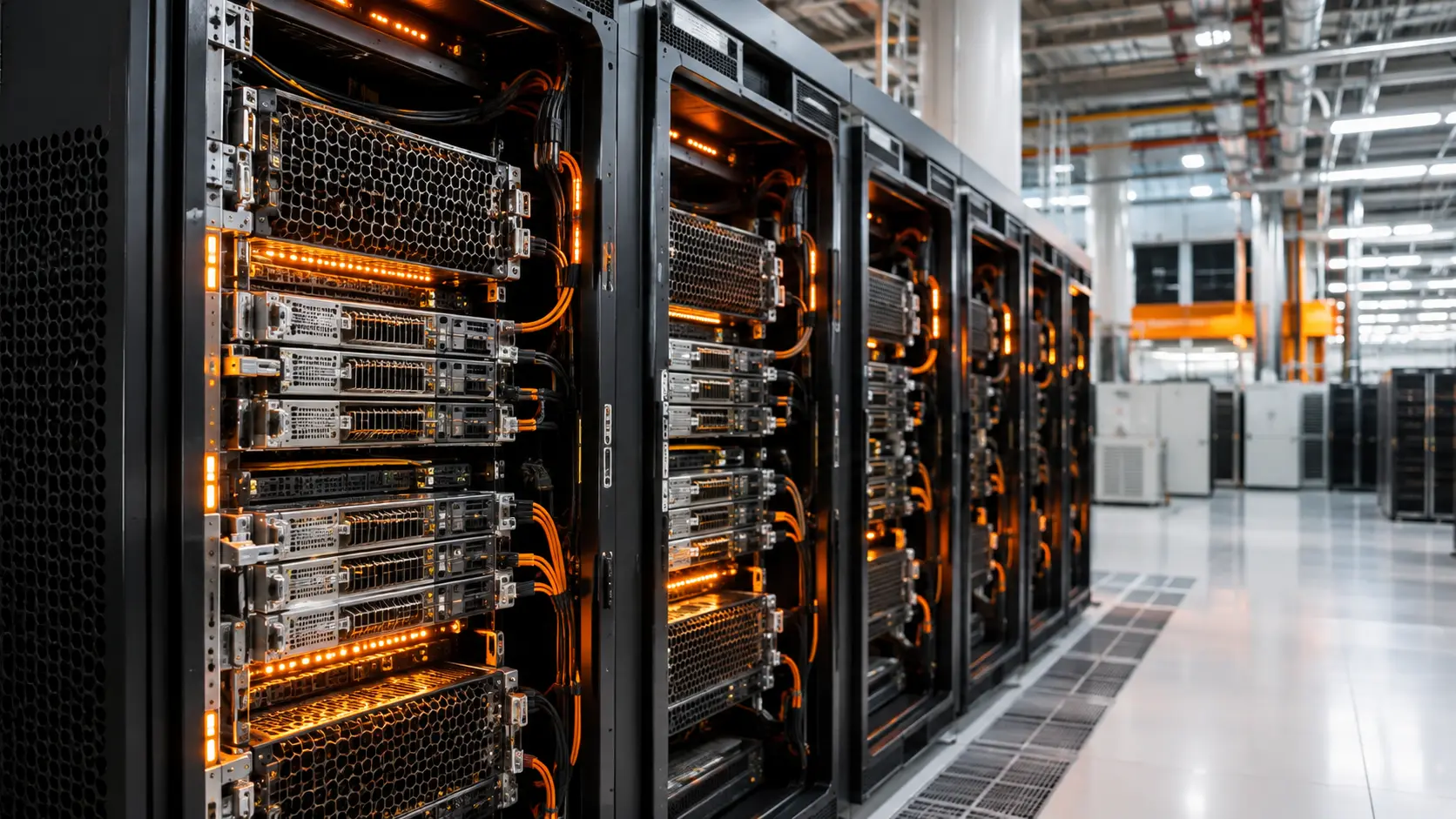AI-reken-servers in een groot datacenter die de geplande investering van Alibaba in chips, infrastructuur en AI-modellen vertegenwoordigen.