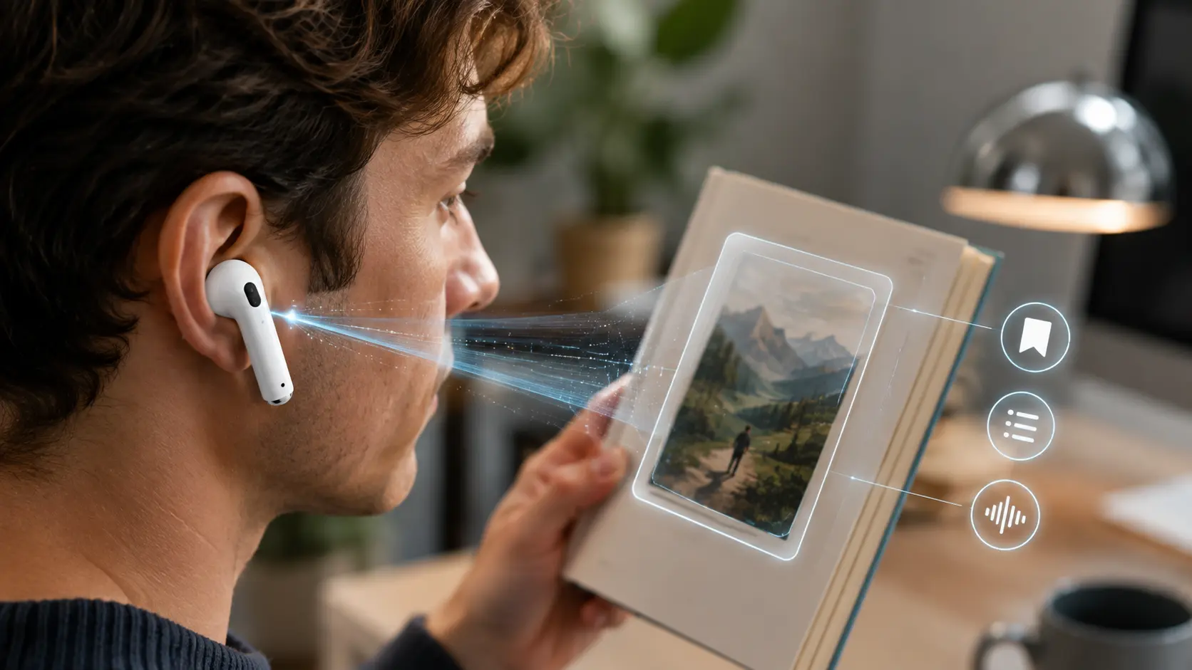 Draadloze oordopjes met kleine visuele sensoren analyseren een boek terwijl de drager ernaar kijkt.