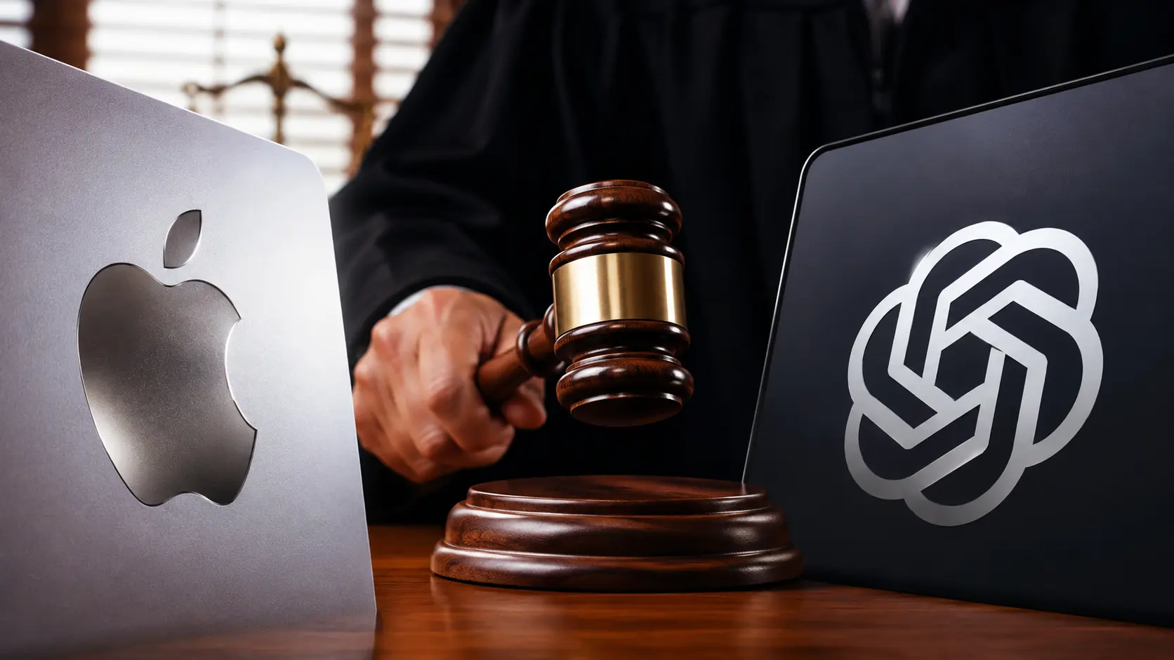 Rechtershamer tussen Apple- en OpenAI-symbolen verbeeldt het juridische conflict tussen beide technologiebedrijven.