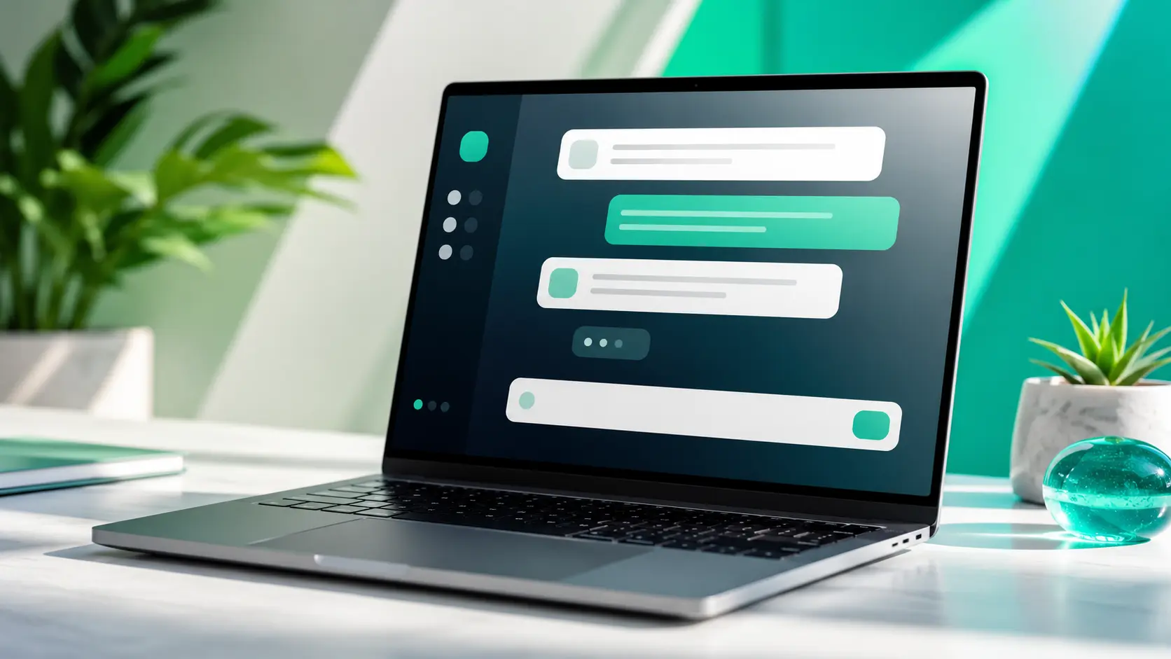 Laptop met abstracte AI-chatinterface in een heldere werkruimte met teal- en smaragdgroene accenten.