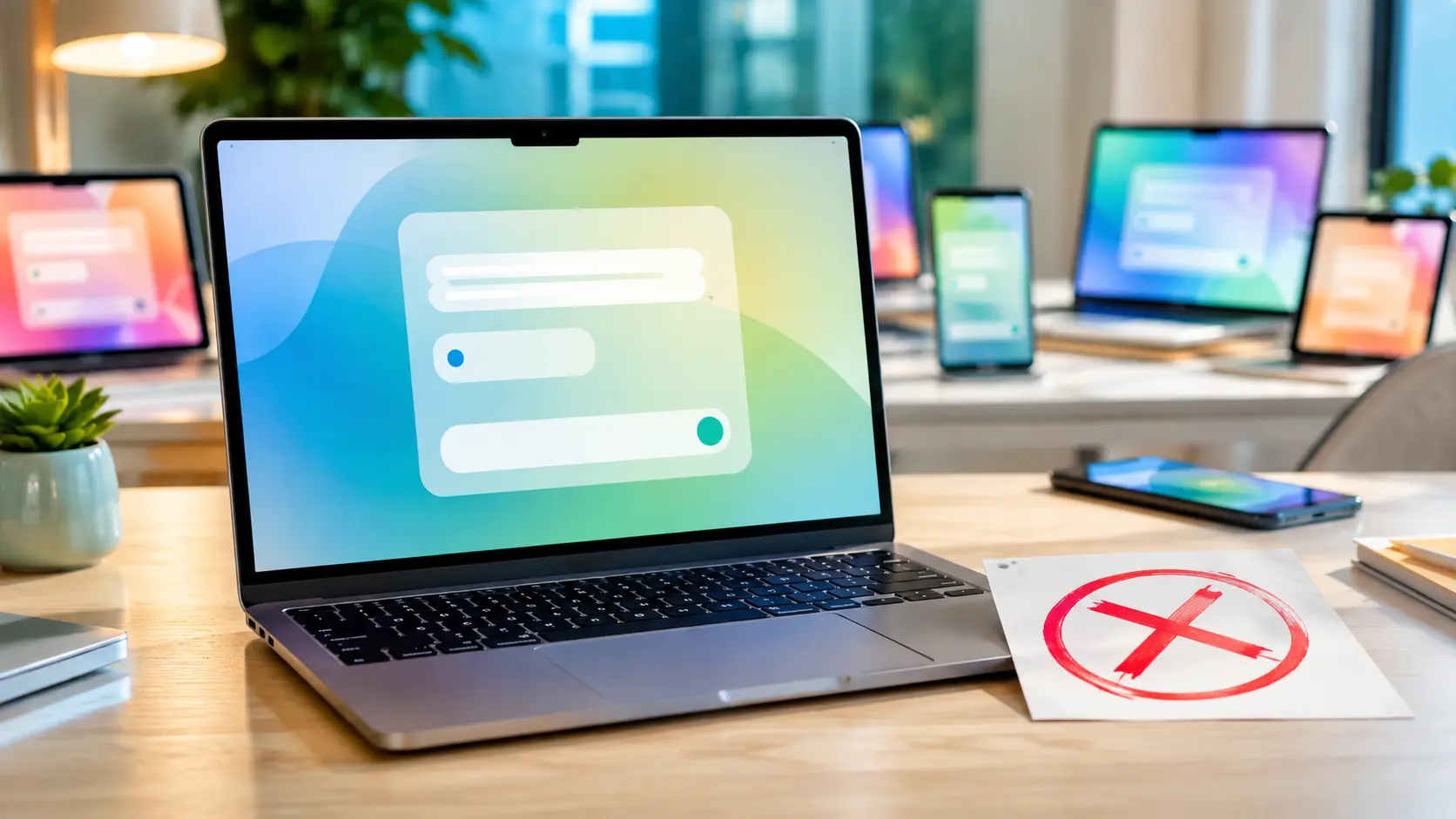 Laptop met kleurrijke AI-chatinterface en rode afkeurmarkering in een helder ingerichte moderne techomgeving.