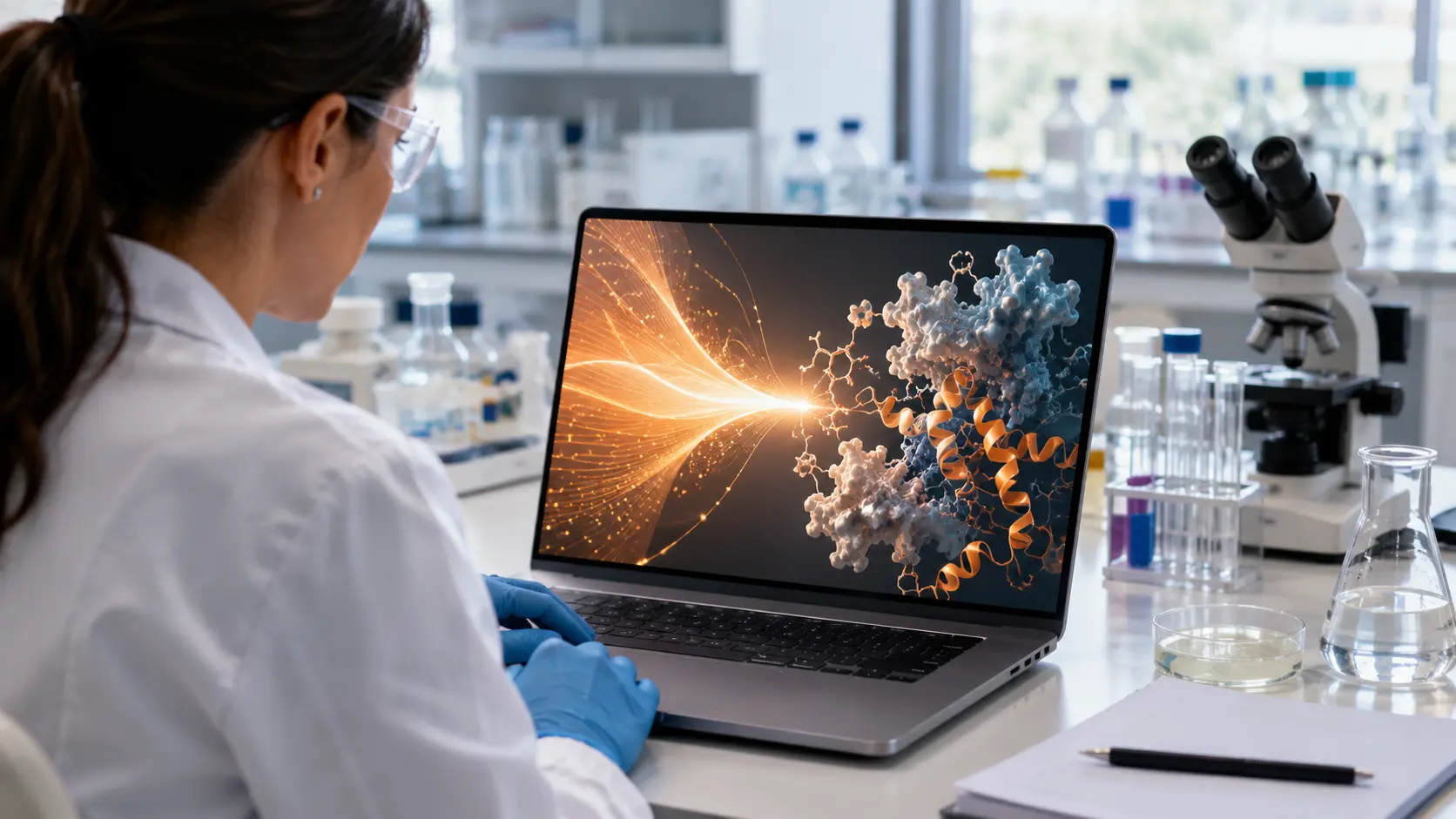 Onderzoeker gebruikt Claude voor biologische analyse op een laptop in een modern laboratorium.