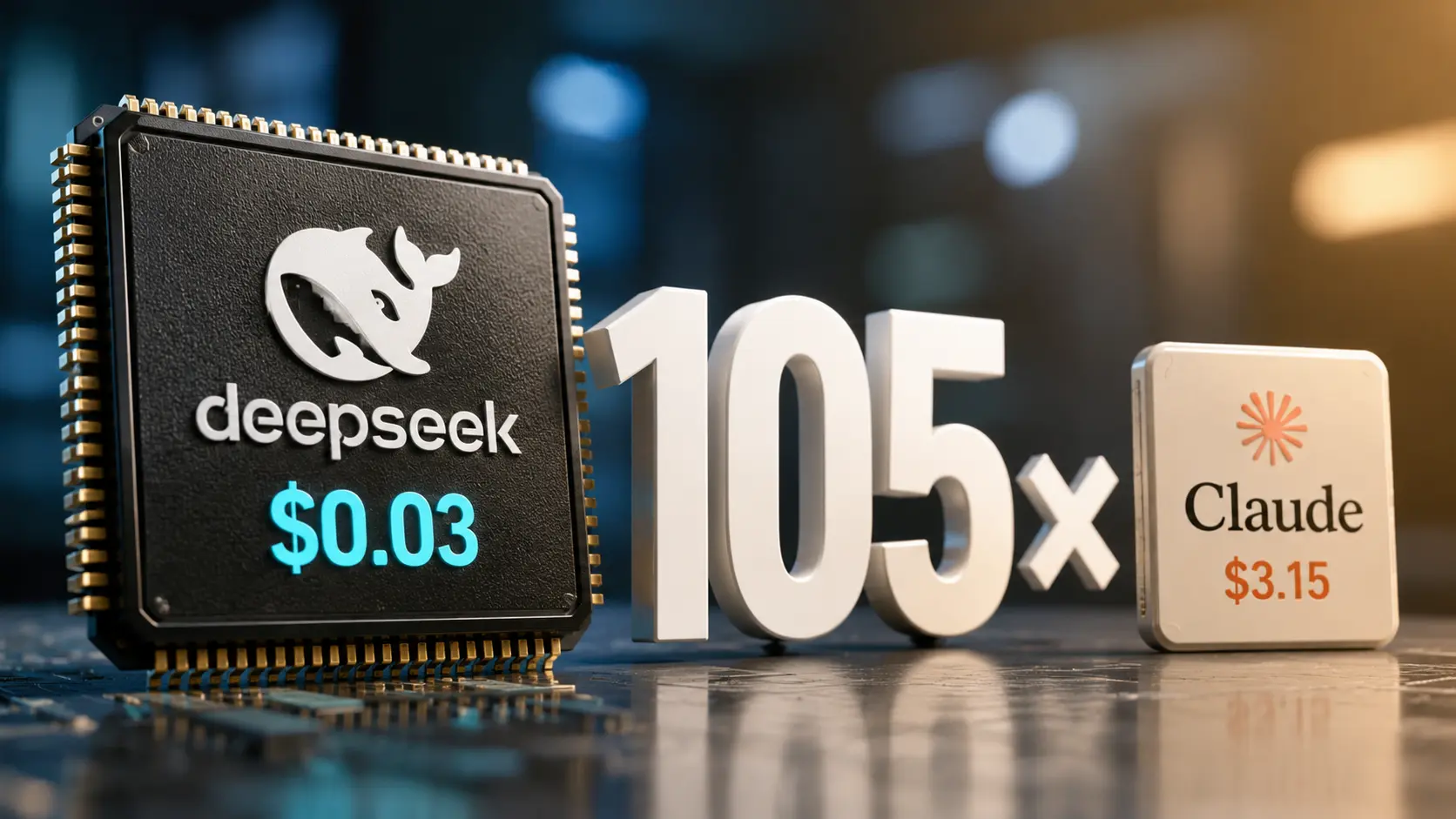 Edit  DeepSeek-chip naast een kleinere Claude-chip met een prominente “105×”-vergelijking die het grote kostenverschil tussen de benchmarkresultaten visueel benadrukt.