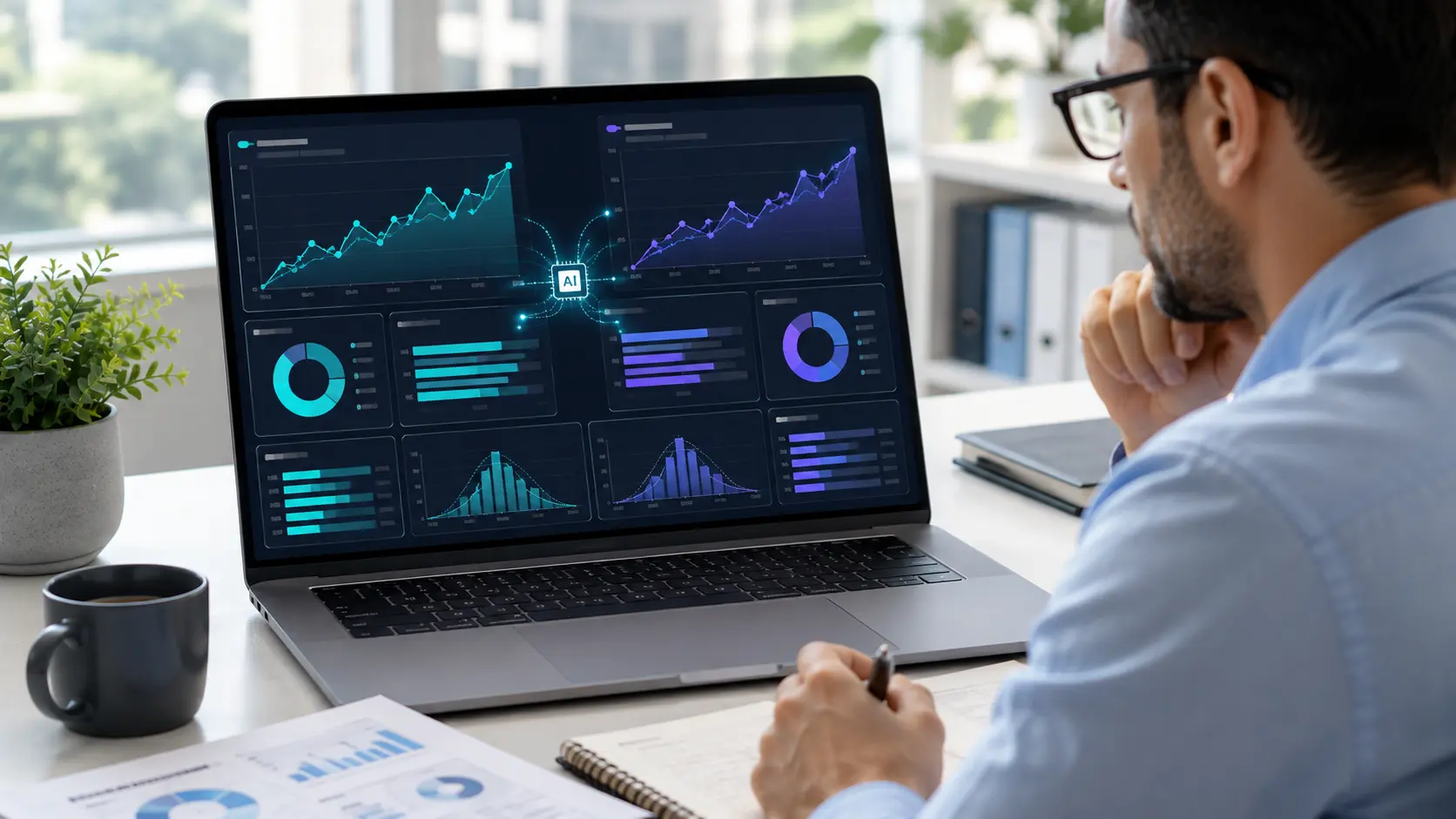 Analist vergelijkt twee beleggingsdatasets met rendementsgrafieken, allocatiecharts en AI-ondersteunde analyse.
