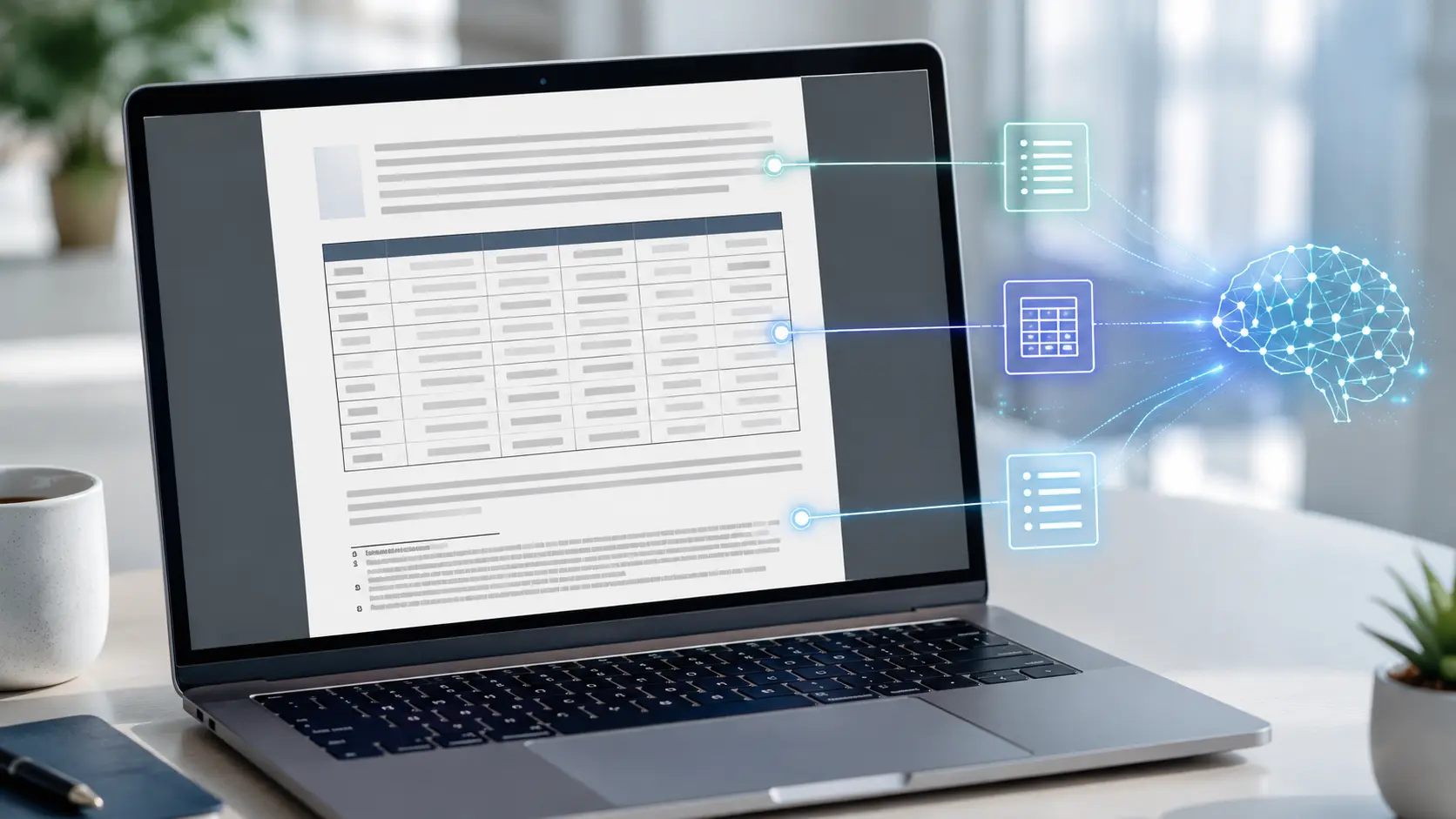 Laptop met een PDF waarin een tabel en voetnoten zichtbaar zijn, gekoppeld aan een AI-analysevisualisatie.