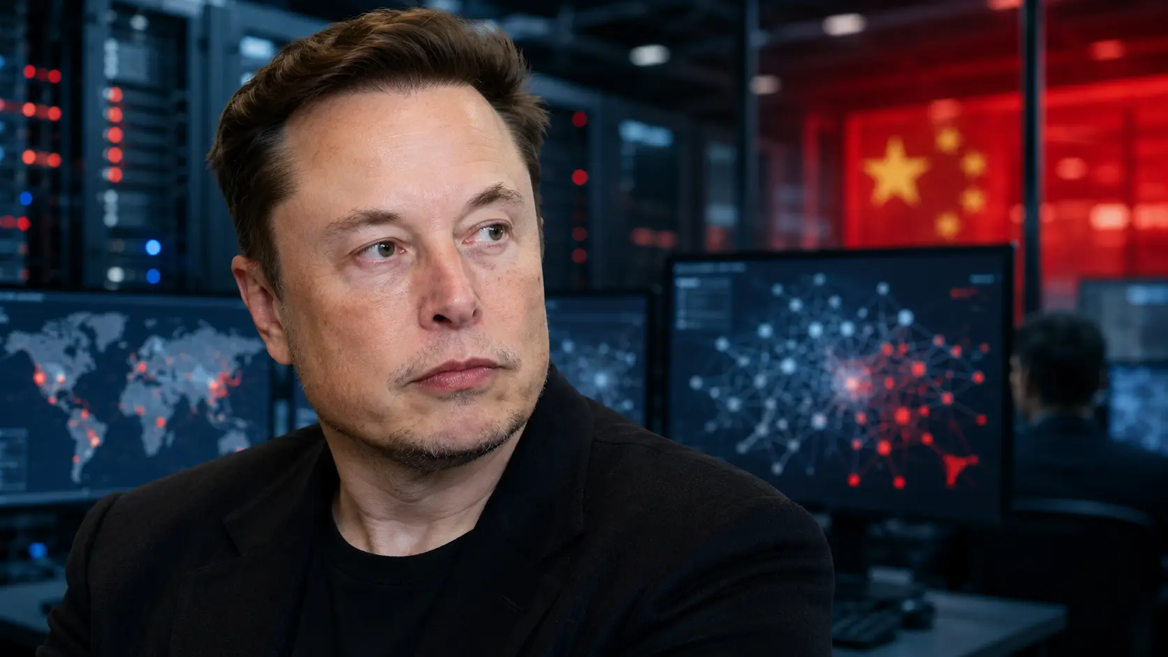 Elon Musk voor servers en netwerkvisualisaties, met rode Chinese symboliek op de achtergrond.