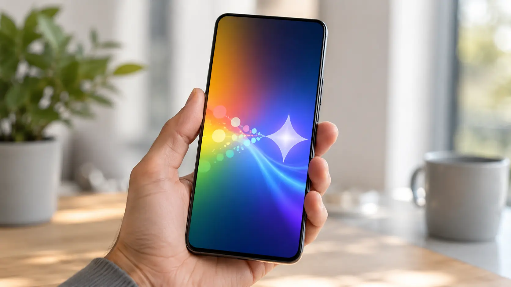 Een hand houdt een Android-smartphone vast, waarbij subtiele verlichting de overgang van Google Assistant naar Gemini symboliseert in een lichte, moderne omgeving.