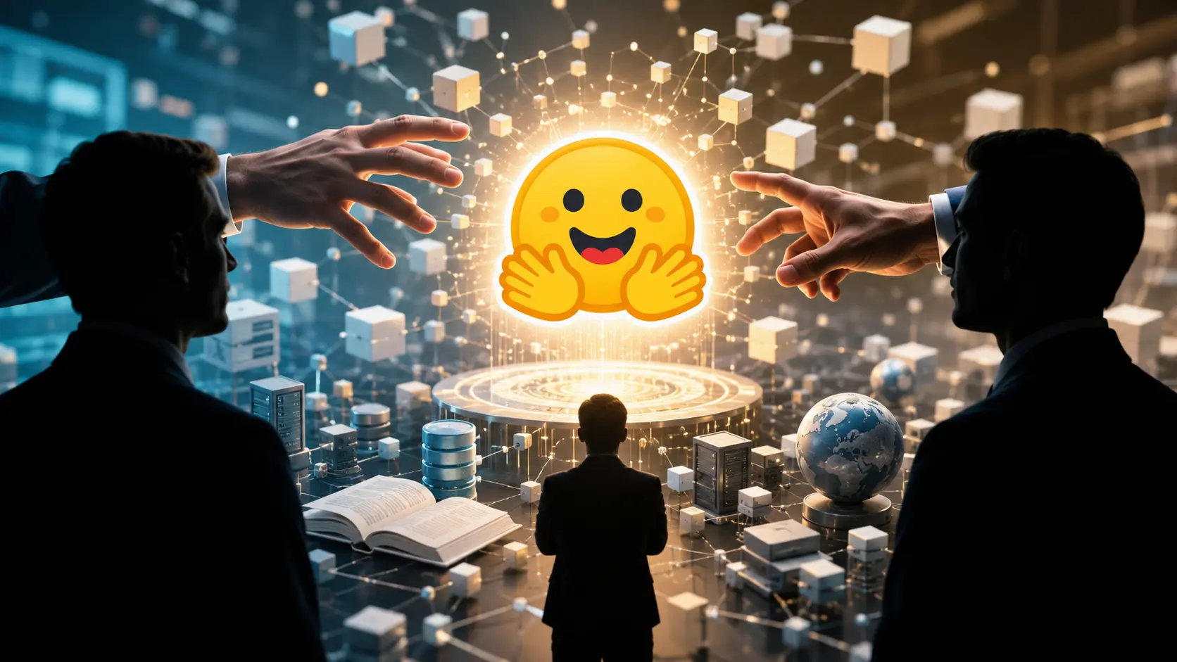 Hugging Face centraal in een AI-infrastructuurnetwerk, terwijl zakelijke partijen zichtbaar naar het platform reiken.