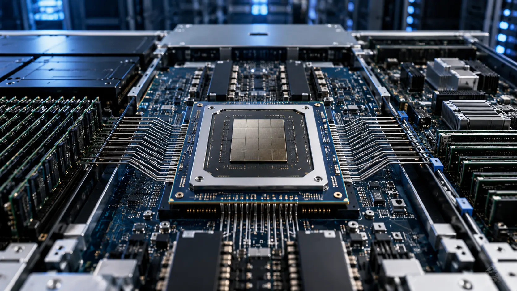 Enterprise-mainframeprocessor in het middelpunt van twee convergerende serverarchitecturen binnen een modern datacenter.