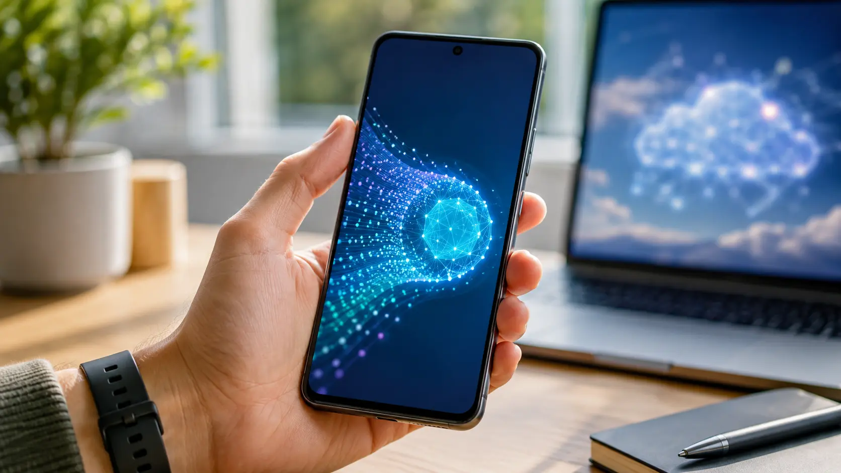 Android-smartphone met lokale AI-visualisatie in een lichte werkruimte, met een laptop onscherp op de achtergrond.
