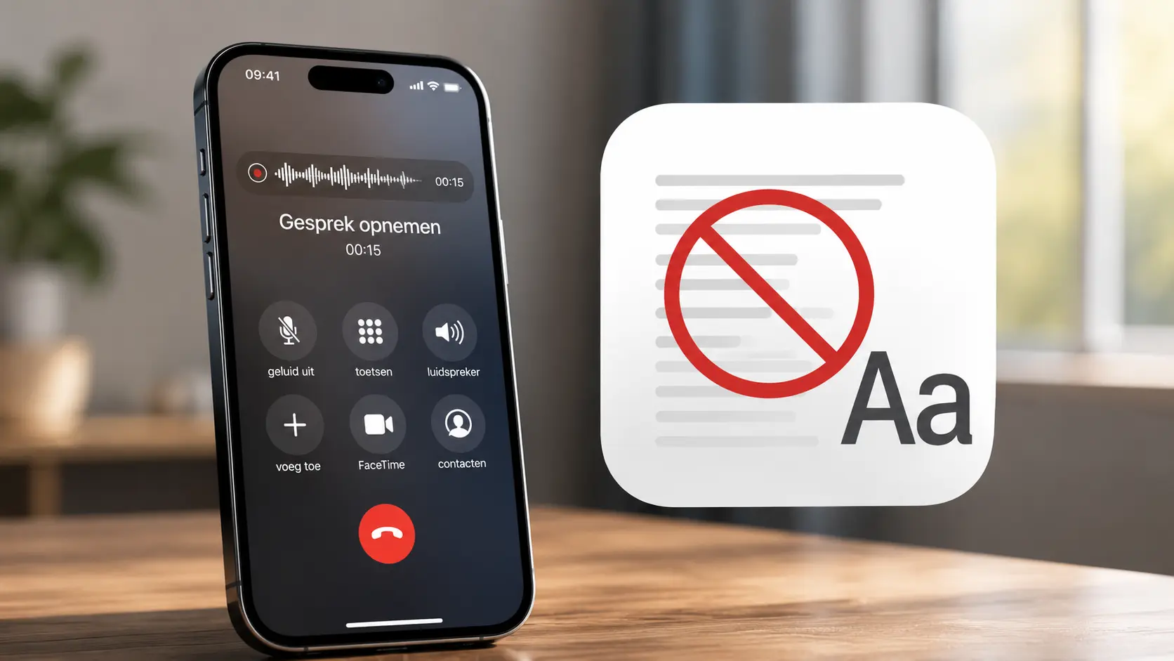 iPhone tijdens een opgenomen telefoongesprek, naast een visuele aanduiding dat Nederlandse transcriptie niet beschikbaar is.