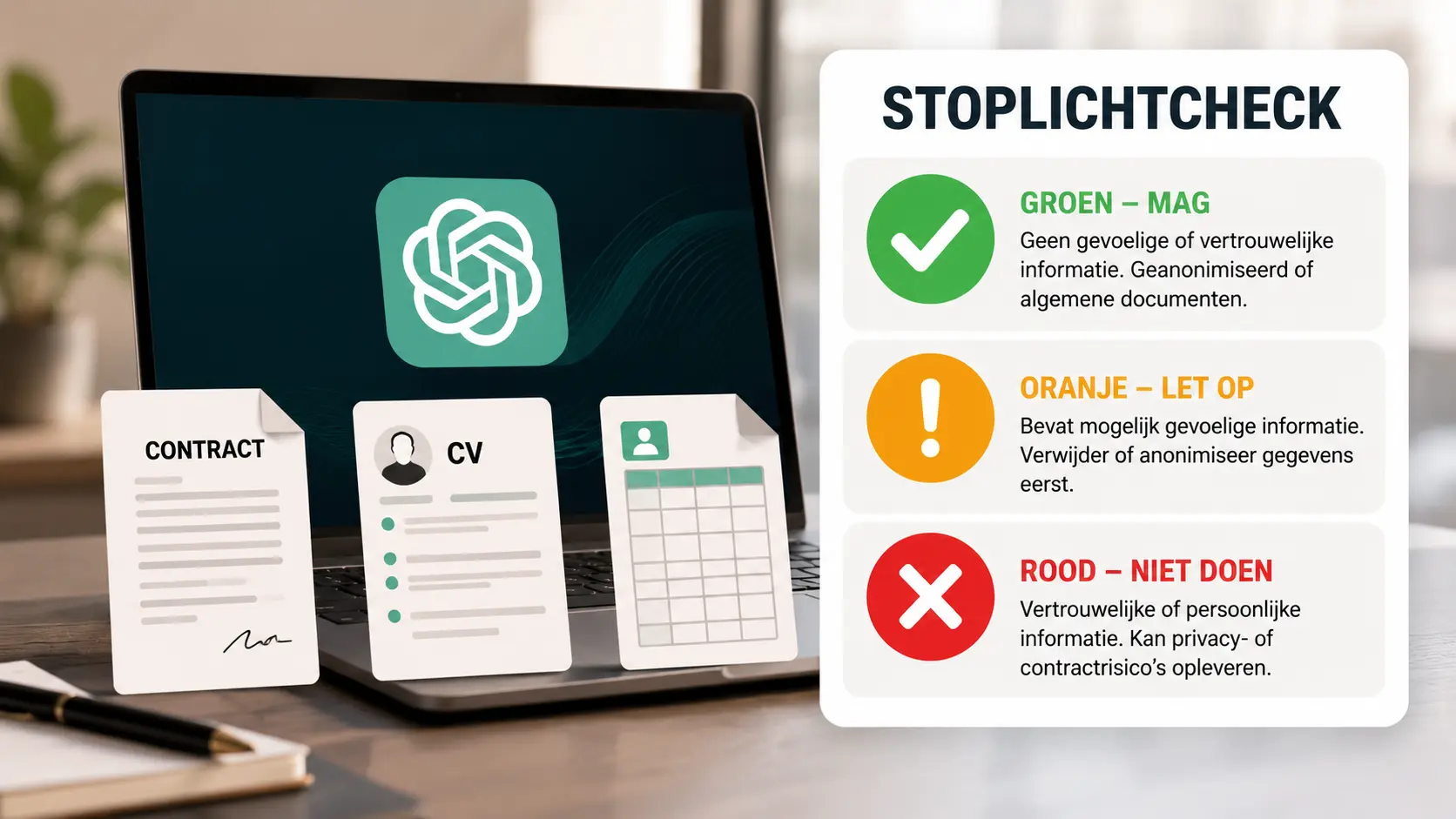 Laptop met ChatGPT naast contract-, cv- en klantdocumenten, met een groen-oranje-rode stoplichtcheck voor gegevensveiligheid.