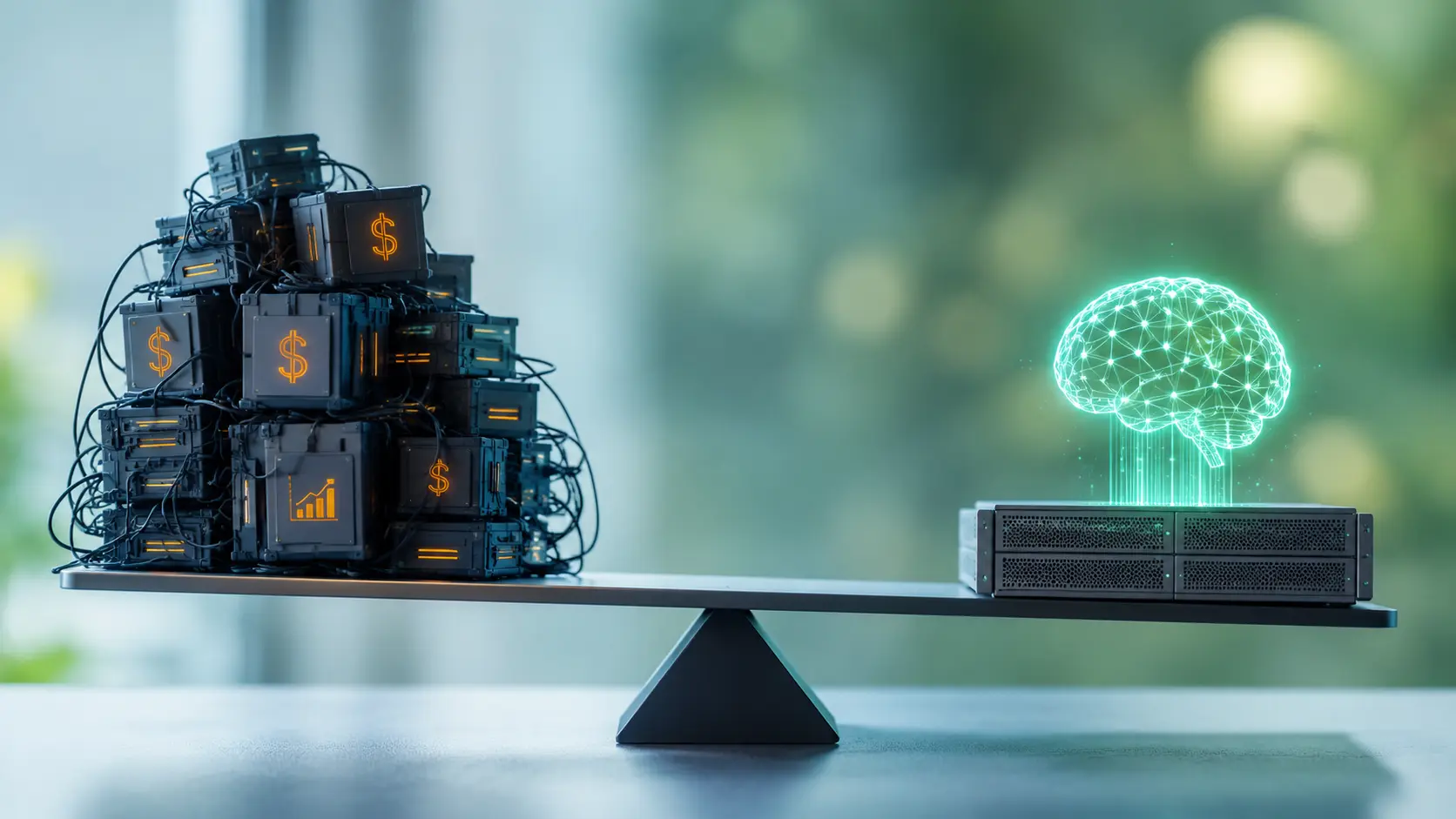 AI-infrastructuur op een balans, met complexe hardware tegenover een efficiëntere serveropstelling voor schaalbaar AI-gebruik.
