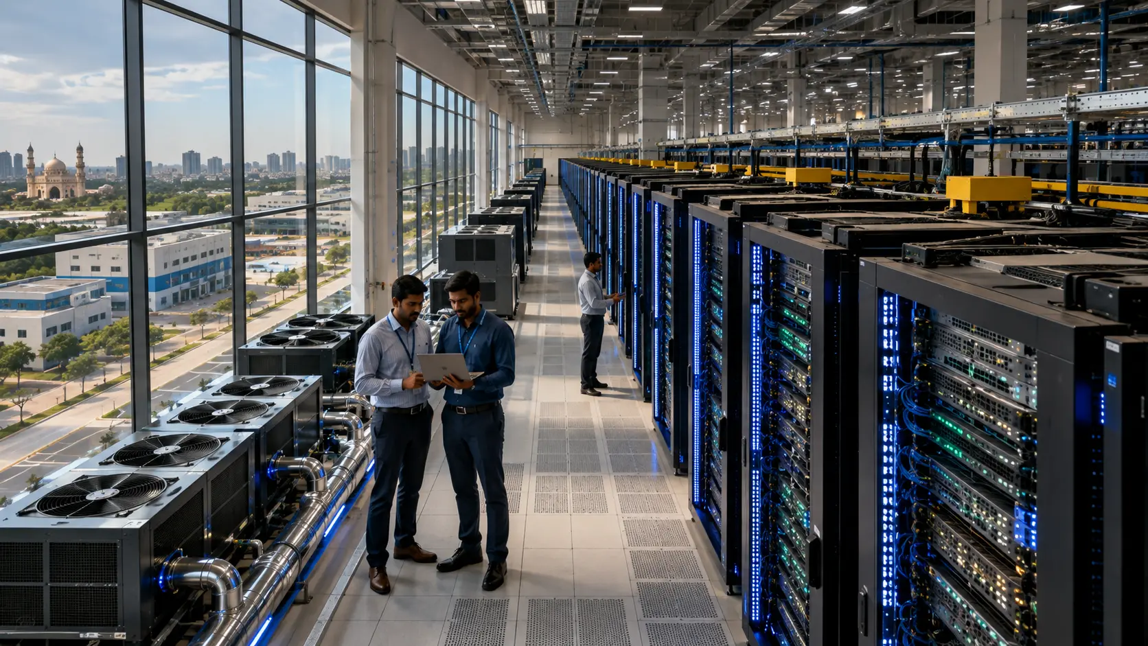 Grootschalig AI-datacenter in India met serverracks, koelsystemen en technici in een moderne cloudfaciliteit.