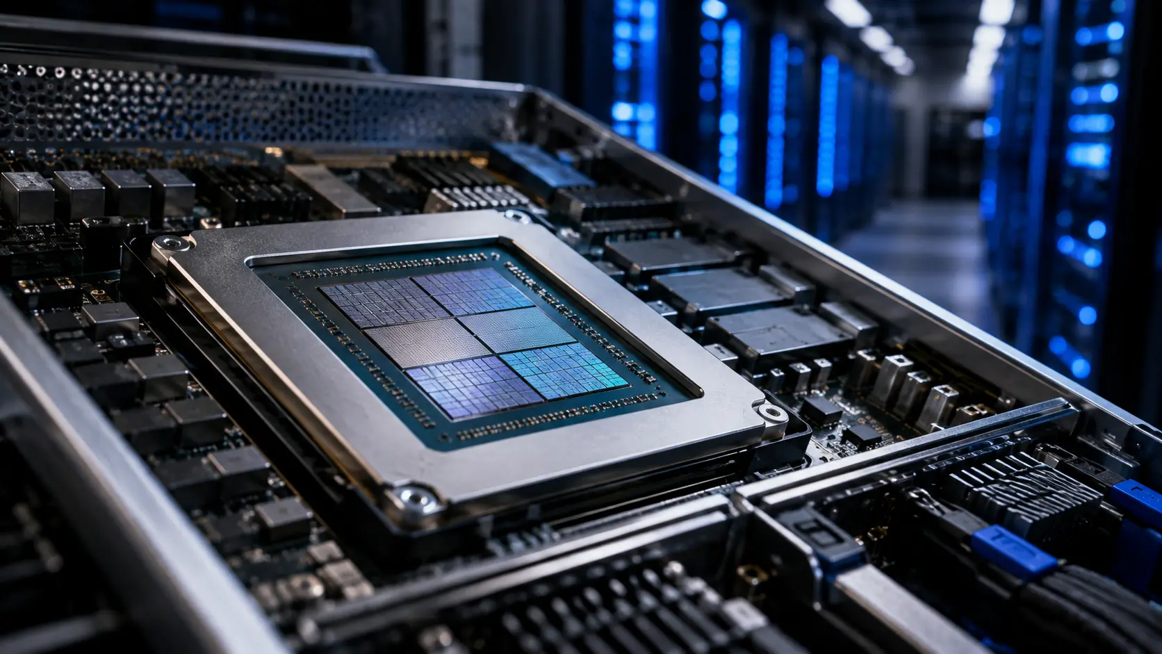 AI-acceleratorhardware in een modern datacenter, die de toekomstige Maia 300-chip van Microsoft vertegenwoordigt.