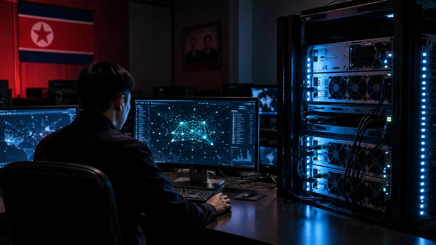 Operator werkt naast lokale AI-servers in een Noord-Koreaanse cyberomgeving.