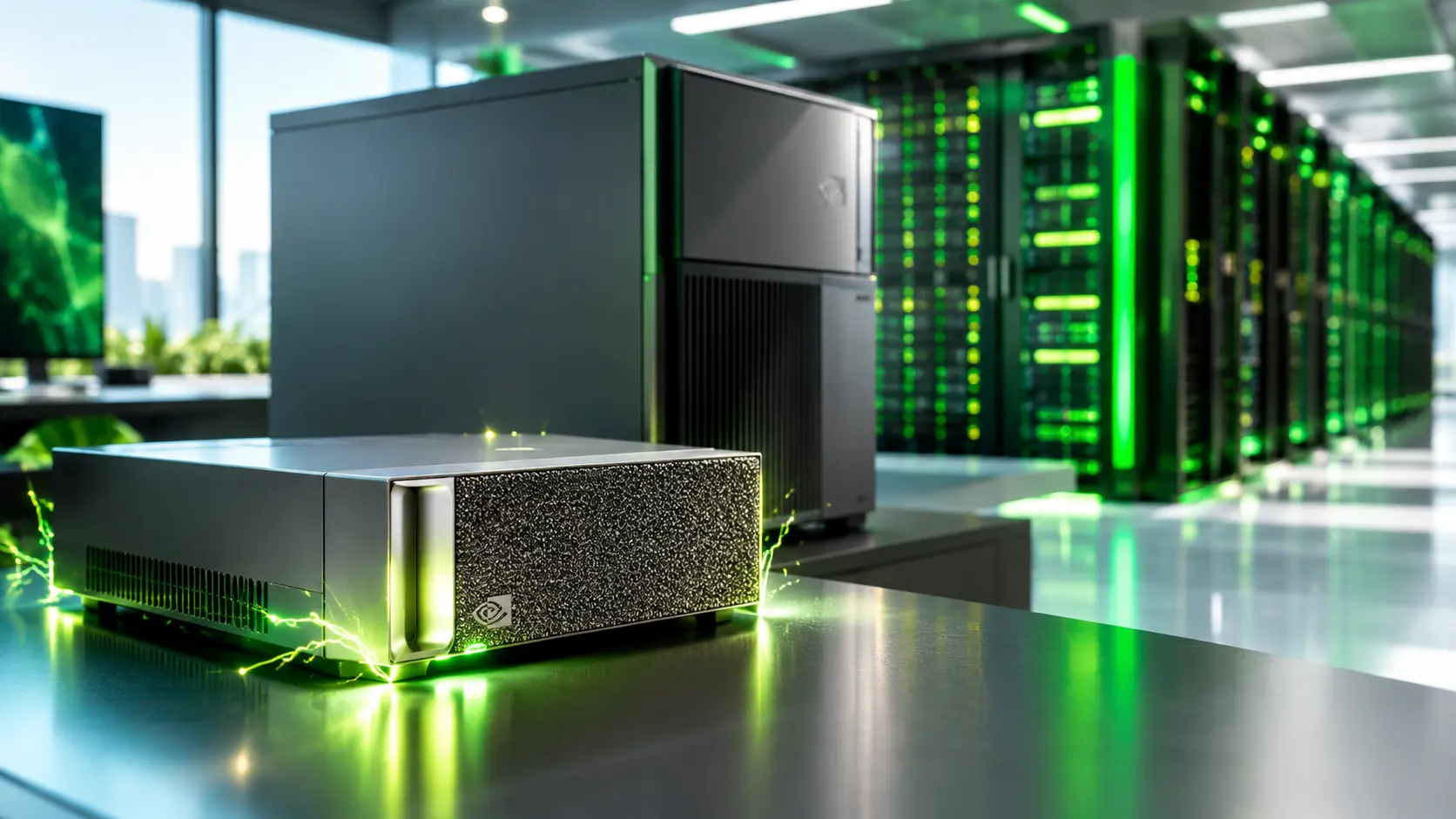 Compact AI-systeem met groene accenten en vonken voor serverracks die de schaal van Nvidia DGX-infrastructuur tonen.