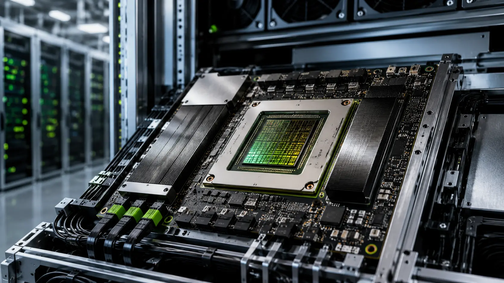 Next-generation AI accelerator hardware installed inside a high-density data center server system.