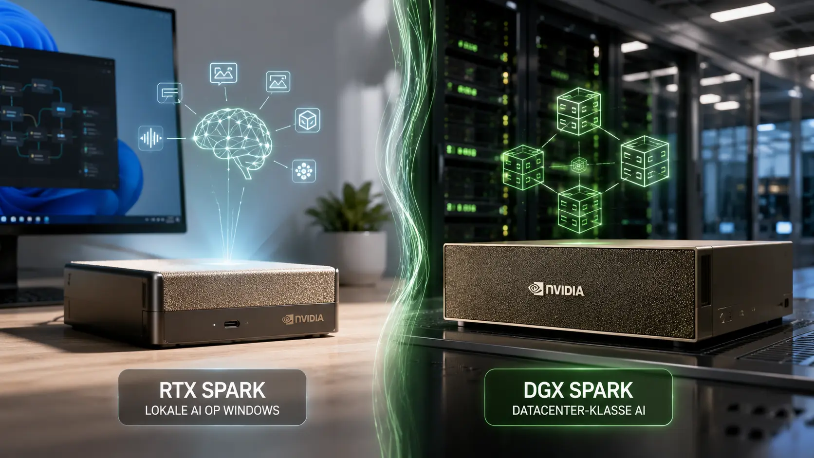 Compact Nvidia RTX Spark running local AI beside a Windows workstation, contrasted with a DGX Spark system.