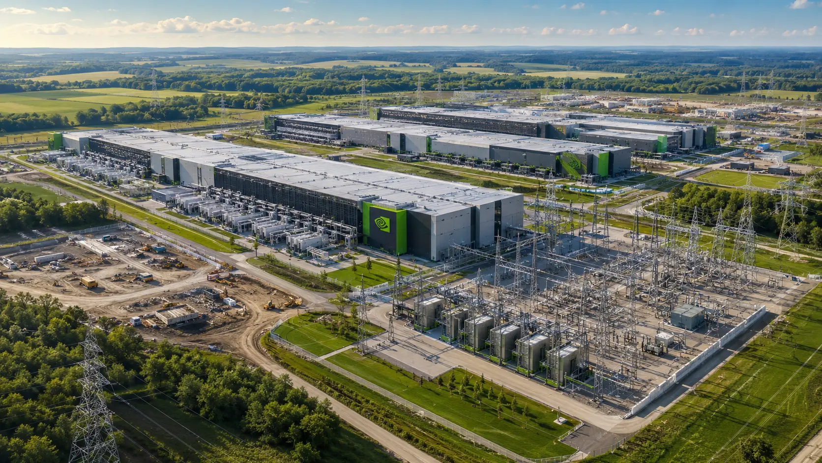 Grootschalige AI-datacentercampus met elektriciteitsinfrastructuur en bouwterreinen in Ohio.
