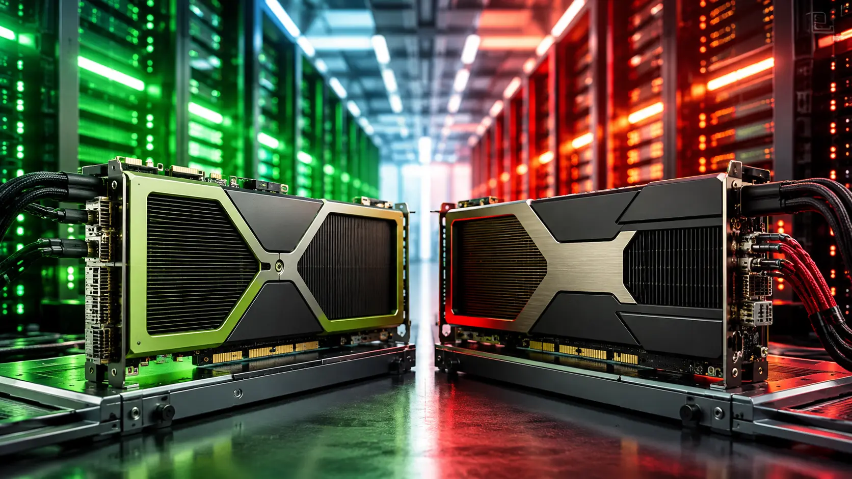 Twee AI-GPU-accelerators in een datacenter, tegenover elkaar met groene en rood-oranje verlichting.