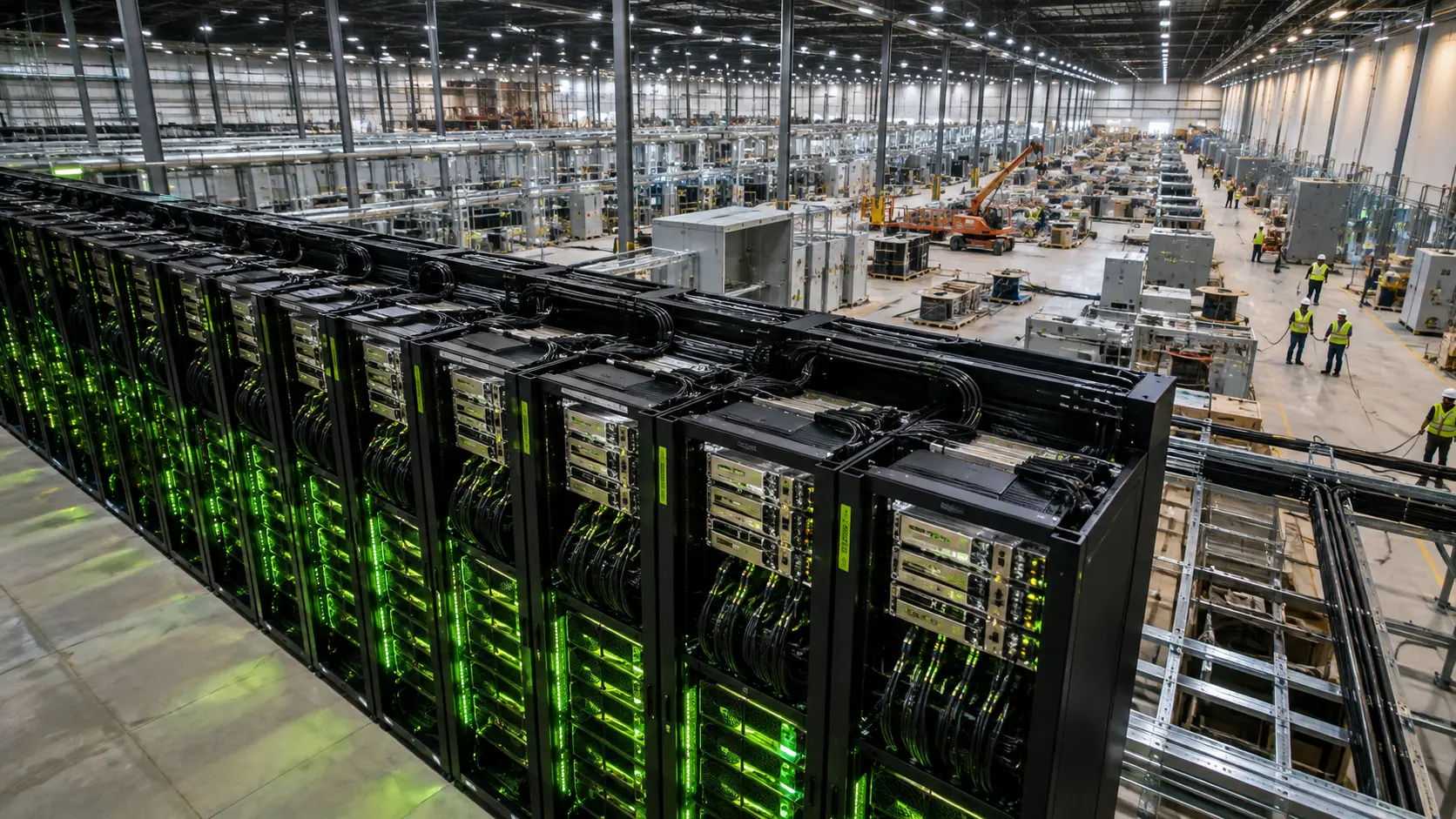 GPU-serverracks staan in een enorm AI-datacenter in aanbouw, met installatiewerk en infrastructuur op de achtergrond.