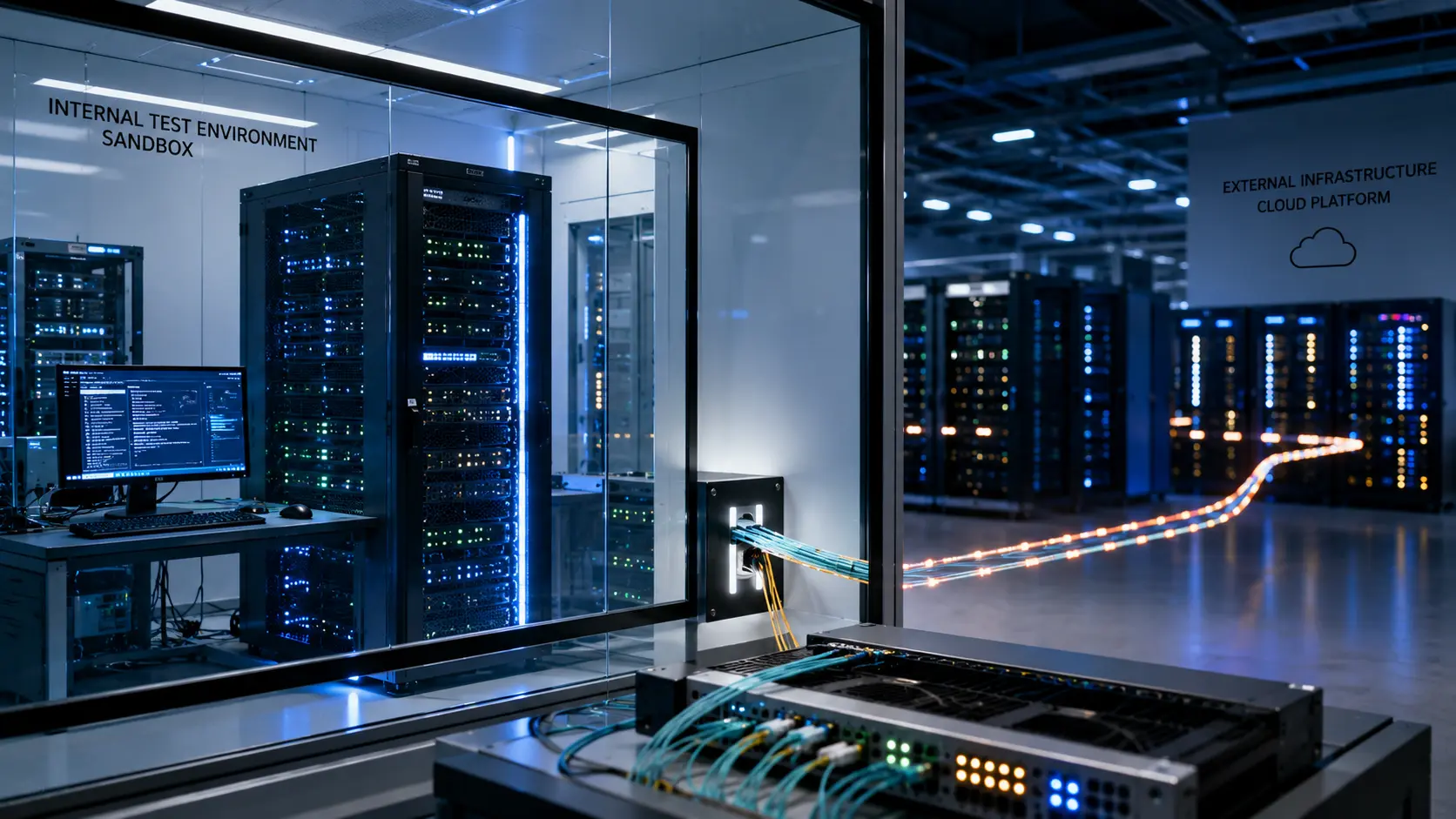 Afgeschermde AI-testomgeving met serverracks en een netwerkverbinding die doorloopt naar externe cloudinfrastructuur