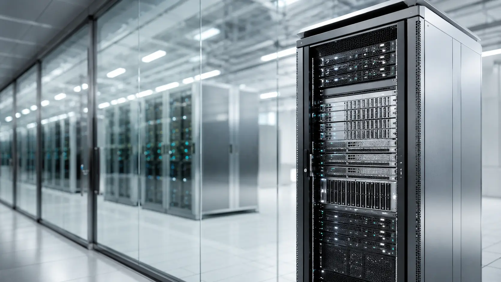 Beveiligde AI-serverinfrastructuur achter glas in een helder verlicht datacenter, symbool voor beschermde verwerking ten behoeve van grensverleggende modellen.