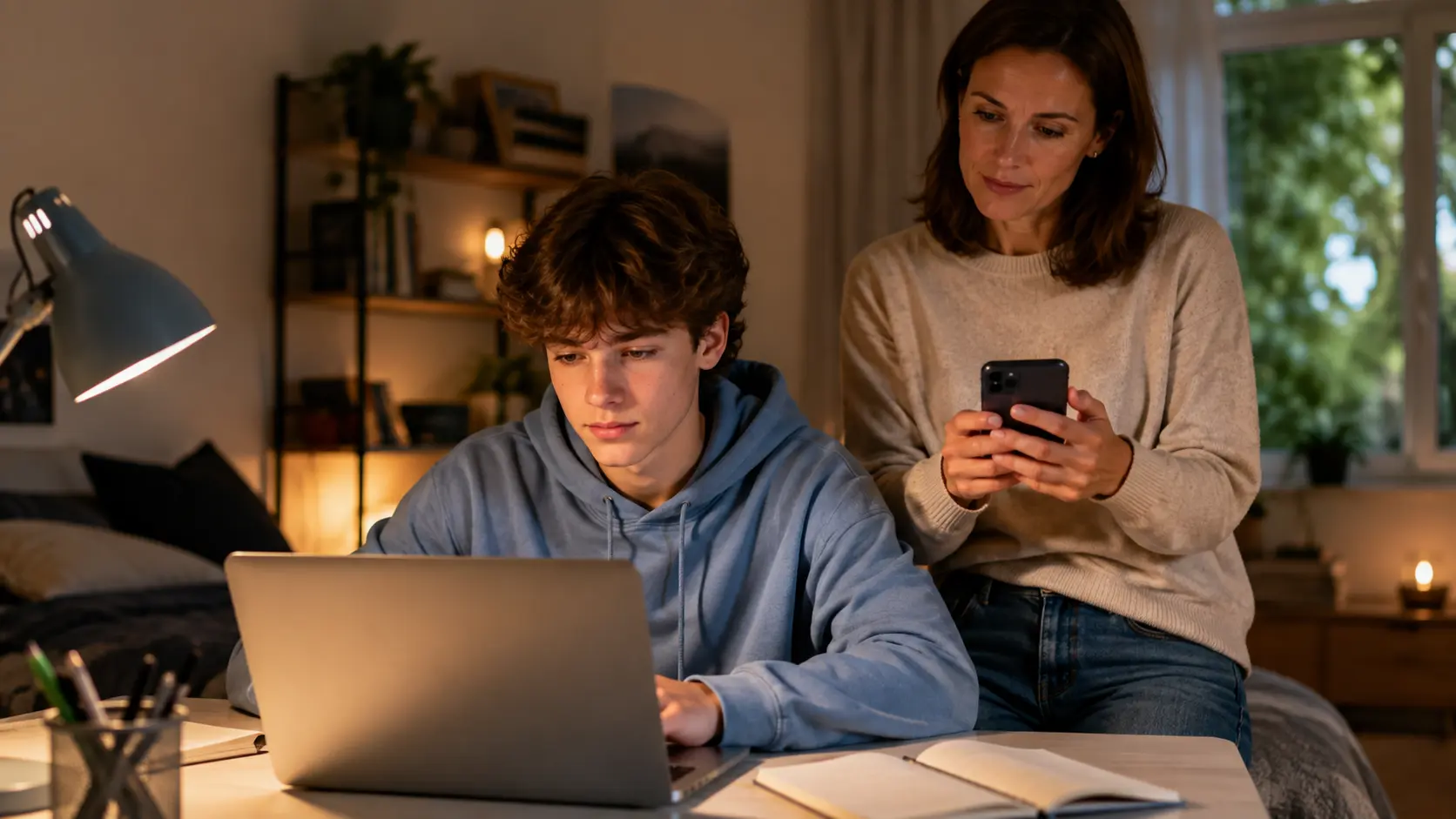 Tiener werkt thuis aan schoolwerk op een laptop terwijl een ouder op een smartphone instellingen beheert.
