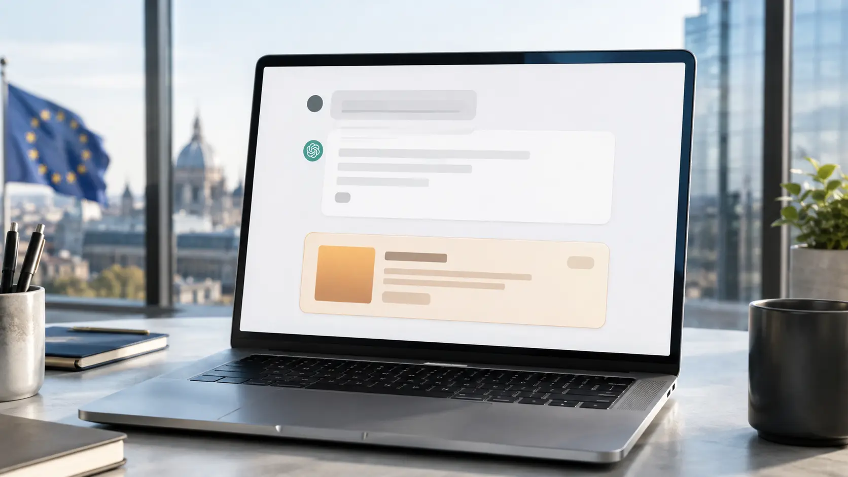 Laptop met een ChatGPT-achtig gesprek en afzonderlijke advertentiekaart, met Europese stedelijke context op de achtergrond.