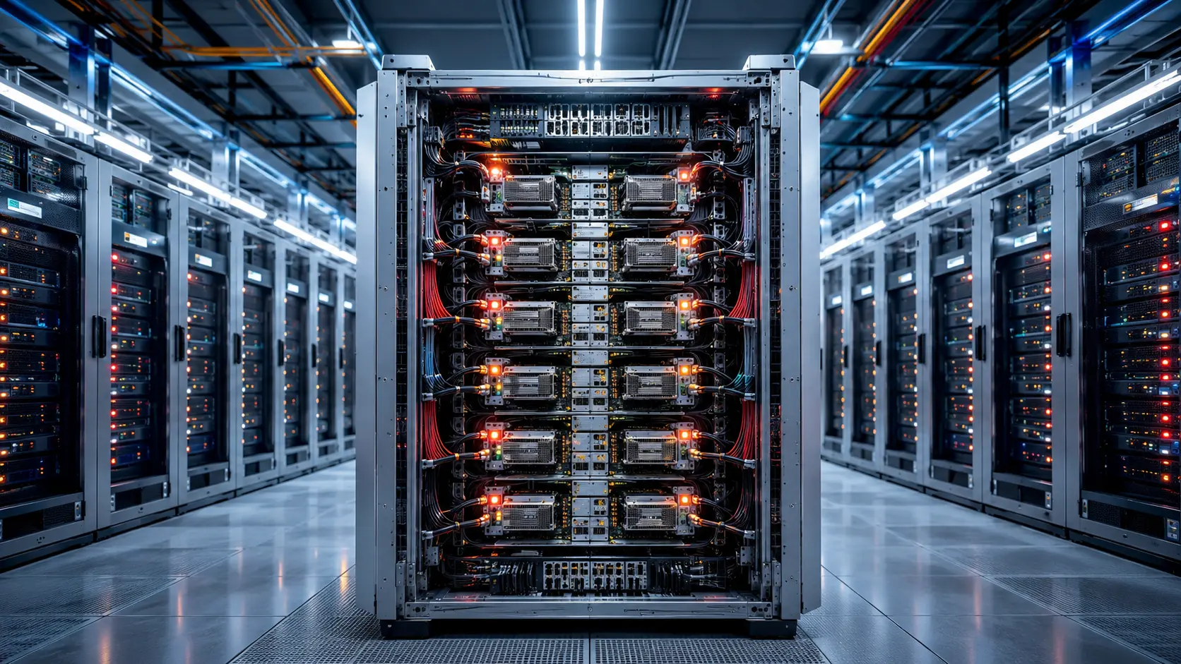 Enorme AI-serverinstallatie met een centrale compute-module in een helder, modern datacenter.