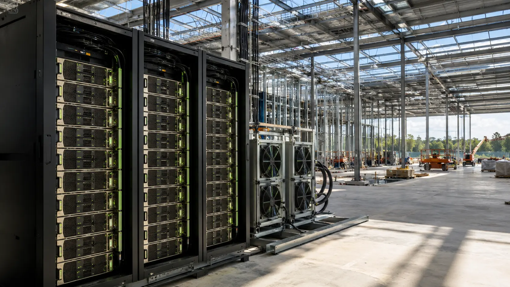 GPU-serverinfrastructuur staat in een nog niet voltooid datacenter dat in Georgia in aanbouw is.
