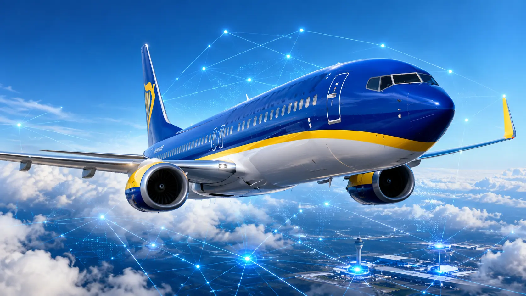 Ryanair-gekleurde passagiersjet boven een luchthaven, omgeven door blauwe digitale verbindingen die AI-technologie visualiseren.